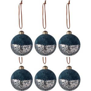 J-Line Doos Van 6 Kerstballen Fluweel/Pailletten Glas Blauw/Goud Small