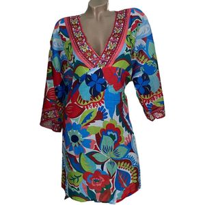 Kaftan - Tuniek - jurk - Strandjurk met print One size S-L blauw/rood/groen