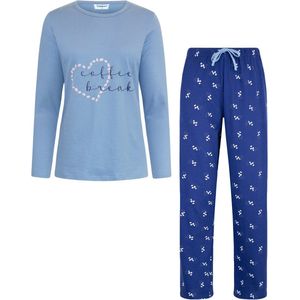 Gaubert Essential Dames Pyjama Lange Mouw - Broek met Zakken - Premium Gekamd Katoen - Coffee Break - Baby Blauw - Maat S - GB-2804
