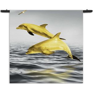 Velours Wandkleed Springende Dolfijnen Goud 01 Rechthoek Vierkant XXXL (210 X 210 CM) - Wandkleden - Met roedes