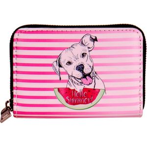 Portemonnee met getekende hond - roze/wit gestreept - 13x9cm