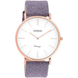OOZOO Timepieces - Rosé goudkleurige horloge met violet leren band - C20152