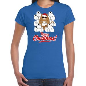 Fout Kerstshirt / Kerst t-shirt met hamsterende kat Merry Christmas blauw voor dames- Kerstkleding / Christmas outfit XXL