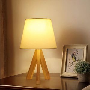 Goeco tafellampen - 37cm - Medium - E27 - houten - met linnen lampenkap - voor slaapkamer, woonkamer, studeerkamer, kantoor - Lamp Niet Inbegrepen