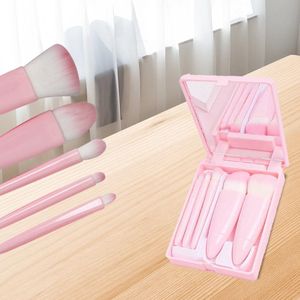 5-pack - Draagbaar - Reismake-upborstelset met spiegeldoos - Professionele foundationkwast, oogschaduwkwast en blendingkwast voor dames - Barbie Roze