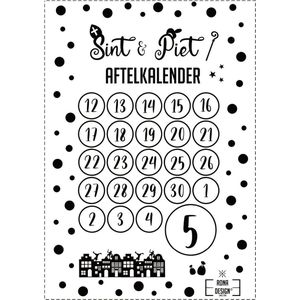 1x - Aftelkalender Sint & Piet - RONA DESIGN® - Kalender - Aftellen - Sinterklaas - Sint en Piet - 5 december - A4 poster - Herbruikbaar - 1 stuk - Zwart en Wit