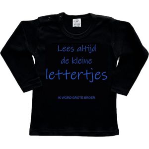 Shirt Aankondiging zwangerschap ""Lees altijd de kleine lettertjes (ik word grote broer)"" | lange mouw | Zwart/blauw | maat 98 zwangerschap aankondiging bekendmaking Baby big bro brother