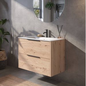 Saqu Lima Badkamermeubel Set - 81x46 cm - Voorgemonteerd - Eiken - Wastafelmeubel - Badmeubel
