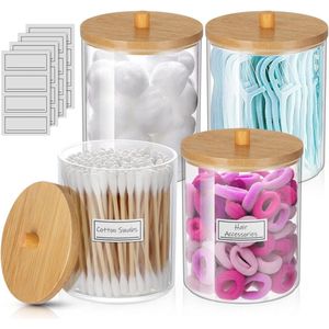 Set van 4 Qtip Houder Wattenschijfje Dispenser Wattenstaafjes Container Dispenser Wattenschijfjes Apothekerspotjes met Deksel Katoenen Bal Houder Qtip Dispenser Wattenschijfjes Opslag Badkamer Organizer voor Tandzijde