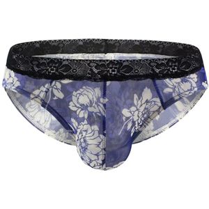 Heren Slip Doorzichtig met Bloemen - Mesh Slip Gebloemd Blauw & Wit - Sexy Transparant Design - Mannen Onderbroek - Lingerie Voor Mannen - Ondergoed Maat XXL / 2XL