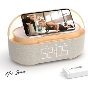 Mrs. Jones Digitale wekkerradio met draadloze oplader - Bluetooth-luidspreker met USB-oplader - Slimme wekker sluimerfunctie - Inductief laadstation - Nachtlampje dimbaar led-display - Back-upvoeding op .