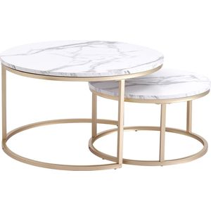 Moderne Salontafel - Set van 2 - 60 en 40 cm - Koffietafel - Bijzettafel - 2 Stuks - Ronde Salontafel - Salontafels Industrieel - Marmer Look - Wit - Goud