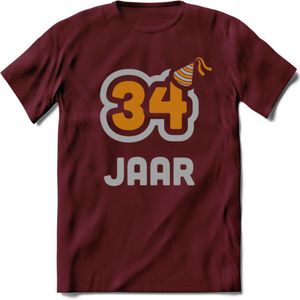 34 Jaar Feest T-Shirt | Goud - Zilver | Grappig Verjaardag Cadeau Shirt | Dames - Heren - Unisex | Tshirt Kleding Kado | - Burgundy - L