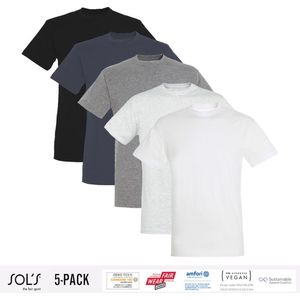 5 Pack Sol's Heren T-Shirt 100% biologisch katoen Ronde hals Zwart, Donker Grijs, Grijs / Lichtgrijs gemeleerd, wit Maat XL