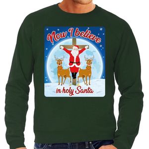 Foute Kersttrui / sweater - Now i believe in holy Santa - groen voor heren - kerstkleding / kerst outfit S