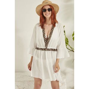 Pareo Jurk met Leopaard detail-Strandkleding -One size- Dames zomer strandjurk korte mini-jurk strandponcho casual losse pareo-100% Katoen