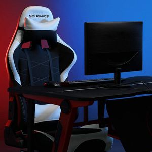 Gamestoel - Bureau stoel - Kantelbaar - Met rugkussen en voetenbankje - Zwart wit