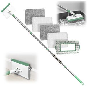 TheLau ® Veelzijdig Schoonmaakgereedschap met Verstelbare Lange Stang en Herbruikbare Reinigingspads voor Moeiteloos Reinigen van Muren en Plinten