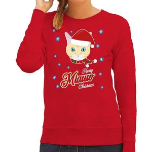 Foute Kersttrui / sweater - Merry Miauw Christmas - kat / poes - rood voor dames - kerstkleding / kerst outfit S
