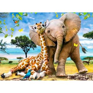Diamond Painting - Blije Olifant & Giraffe – BFF / Best Friends Forever – 30x40 cm – Vierkante steentjes – Volledige bedekking. Compleet pakket inclusief tools.