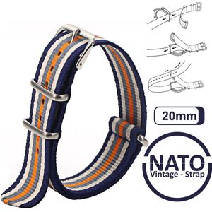 20mm Nato Strap Blauw met Oranje, Grijs en Wit - Vintage James Bond - Nato Strap collectie - Mannen - Horlogebanden - Blue Orange gray White- 20 mm bandbreedte voor oa. Seiko Rolex Omega Casio en Citizen