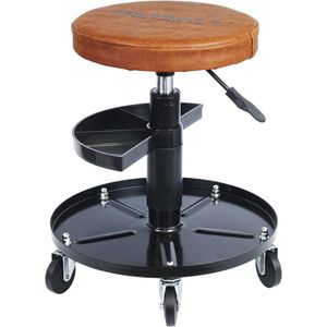 Werkplaatskruk met Wieltjes - Verstelbare Hoogte 430-580 mm - Met Gelcoating en 2 Legplanken - Draaibaar en Ergonomisch