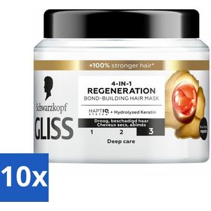 10 x Gliss - Haarmasker - 4in-1 Hair Mask - Voor Diep Herstel - 400 ml - Keratine Masker - Haargel - Haargel Herstel - Gliss Total Repair