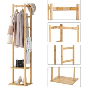 Bamboe Kledingrek, Hoek Kapstok Stand Hall Bomen Vrijstaande Kleding Opknoping Rail Kledingrek met 2 Planken 3 Hanger Haken en Broek Hanger voor Entree Slaapkamer Woonkamer