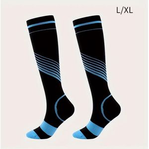 Verpleegkundige compressiekousen (Professioneel blauw) | Gestreepte, ondersteunende sokken met lussen voor langdurig staan ​​(L/XL)