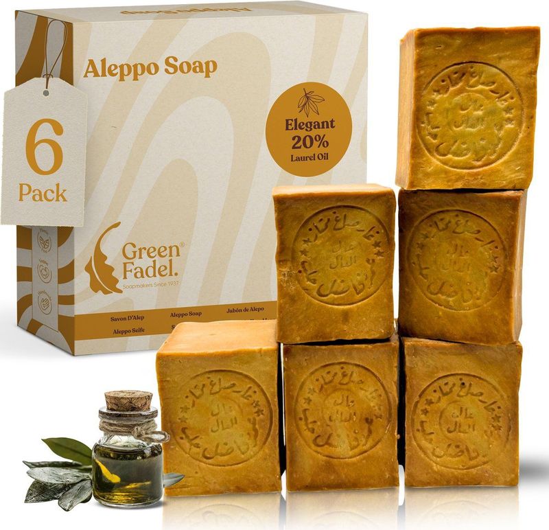 GREEN FADEL - Aleppo Zeep - 20% Laurierolie - 80% Olijfolie - Set van 6 x 200g - Handgemaakt - Natuurlijke Zeep