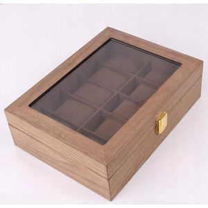 Luxe Houten Horlogedoos met 12 Vakken en Glazen Deksel
