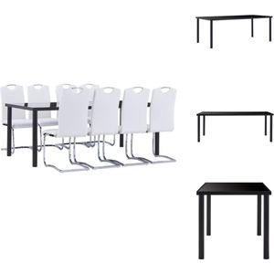 vidaXL Eetset - Tafel 200x100x75 cm (LxBxH) - Gehard glas en metaal - Stoelen 42x52x100 cm (BxDxH) - Kunstleren bekleding - Wit - 8 stuks - Set tafel en stoelen
