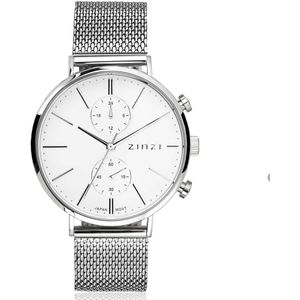 ZINZI watch Traveller witte wijzerplaat stalen kast met stalen mesh 39mm dual time ZIW740M