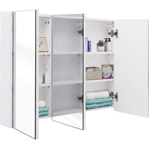 Spiegelkast met 3 deuren, badkamerkast van hout, hangkast badkamer, wandkast met spiegel, rekken met drie niveaus, wit
