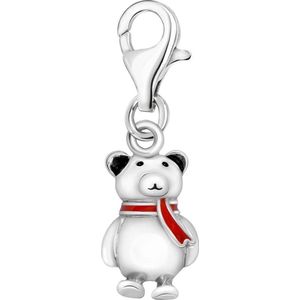 Quiges – 925 - Zilver – Charm - Bedel - Hanger - 3D Beertje met Rode Sjaal - met – sterling - zilver - karabijnslot - geschikt - voor -Bedelarmband HC132