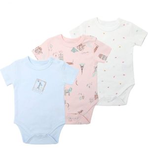 Baby Berliée - Set van 3 katoenen body's met korte mouwen - Pasgeboren - Rompertjes voor Meisjes - Blauw/Roze/Wit - Parijs (0-3 Maanden)