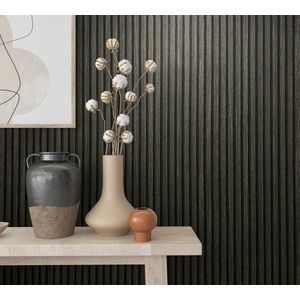 Behang met houtlook - 3D-effect - vliesbehang - zwart - 10,05 m