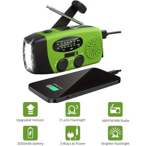 NOODRADIO 3 LED-zaklamp met 140lumen voor zichtbaarheid | draagbare radio | opwindbare radio | 3 oplaadmogelijkheden | 2000mAh batterij powerbank | USB oplaadbaar | zonnepaneel | zaklamp | noodpakket | stroomuitval | kamperen/survival