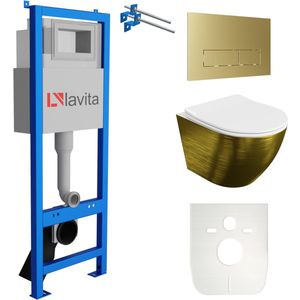 LAVITA® Inbouwreservoir Complete Toiletset LAV 101 - Inbouw WC Hangtoilet Wandcloset SOFI SLIM BRUSHED GOLD - Bedieningsplaat 200.3.5 Gouden - Voorwandelement voor toilet 40cm - Installatiesysteem