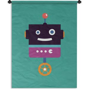 Wandkleed - Wanddoek - Robot - Wiel - Paars - Groen - Jongens - Kids - 90x120 cm - Wandtapijt