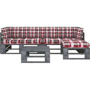 The Living Store Houten Pallet Loungeset - Tuinmeubelset - Grenenhout - 110 x 65 x 55 cm - Rood geruit kussen