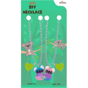 Bixorp Friends BFF Ketting voor 2 met Paarse Koala - Magnetische Vriendschapsketting - Cadeau voor Beste Vrienden - Zilver met Dubbele Hangers! - 45+5cm