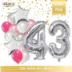 Cijfer Ballon 43 Jaar Zilver Roze White Pearl Boeket * Hoera 43 Jaar Verjaardag Decoratie Set van 15 Ballonnen * 80 cm Verjaardag Nummer Ballon * Snoes * Verjaardag Versiering * Verjaardag Decoratie * Silver Pink Pearl White* Nummer Ballon 43