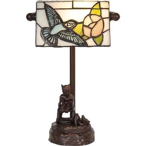 Bureaulamp Bankierslamp Tiffany 15*33 cm Meerkleurig Polyresin, Glas Vogel Tafellamp Glas in Lood