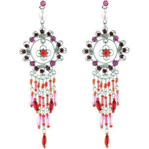 Behave Vintage oorbellen met ronde bloem hanger, rode en roze steentjes en kraaltjes