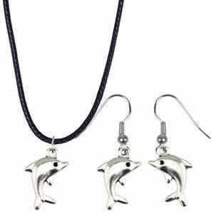 2-Delige- Dolfijn sieraden set-ketting-Oorbellen aan zilveren oorbelhaak- Charme Bijoux