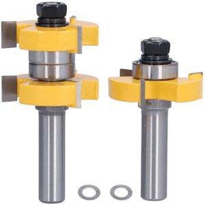 2pcs Tongue and Groove Milling Cutters Set 1/2in Shank 3 Teeth 2 Bearing Adjustable T Shape Routers for Joinery Milling