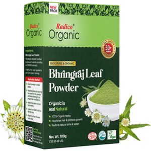 Radico BIO ORGANIC BHRINGRAJ (MAKA) 100% Natuurlijke BIO Organic Vegan HAARGROEI, Anti-Roos, Anti- Haaruitval, Anti-Vergrijzing, Glans, Care, Volume, Versterkende, Kalmerende, Reinigende, Voedende Poeder Haarmasker met ECOCERT 100g