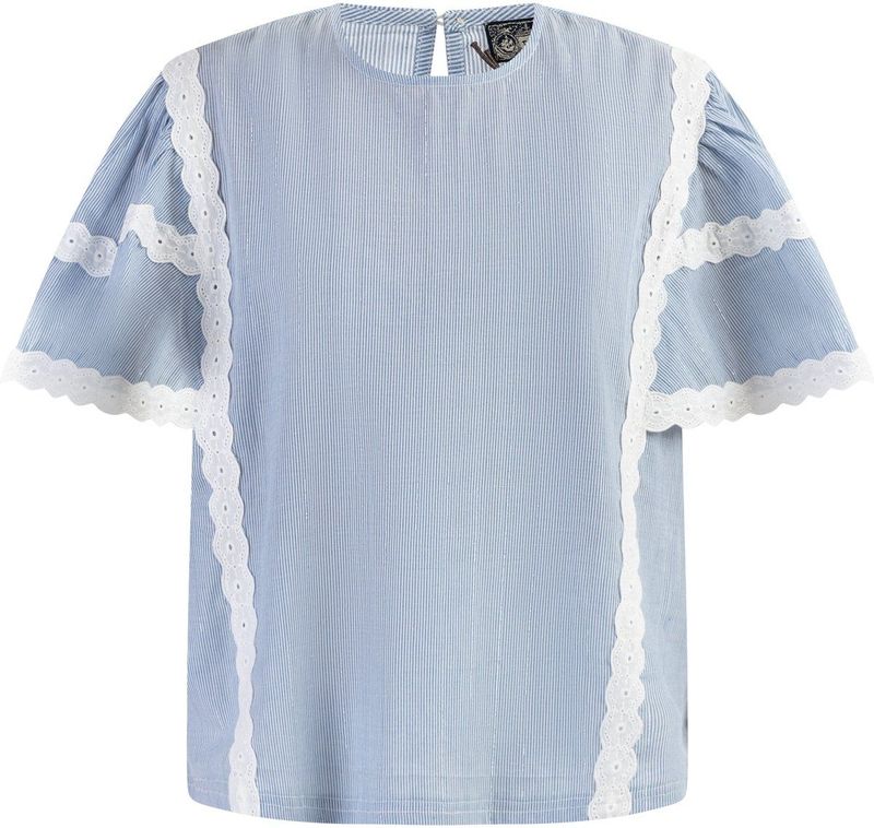 DreiMaster - Blouseshirt - Lichtblauw - Korte Mouwen - Dunne Strepen