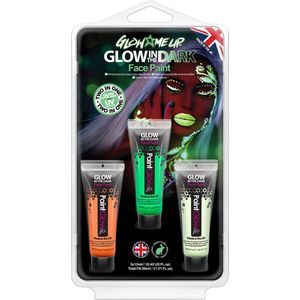 Paintglow - Glow in the dark face & body paint set - Verf - Schmink - Make-up - Oranje - Groen - Transparant - 12 ml - 3 stuks